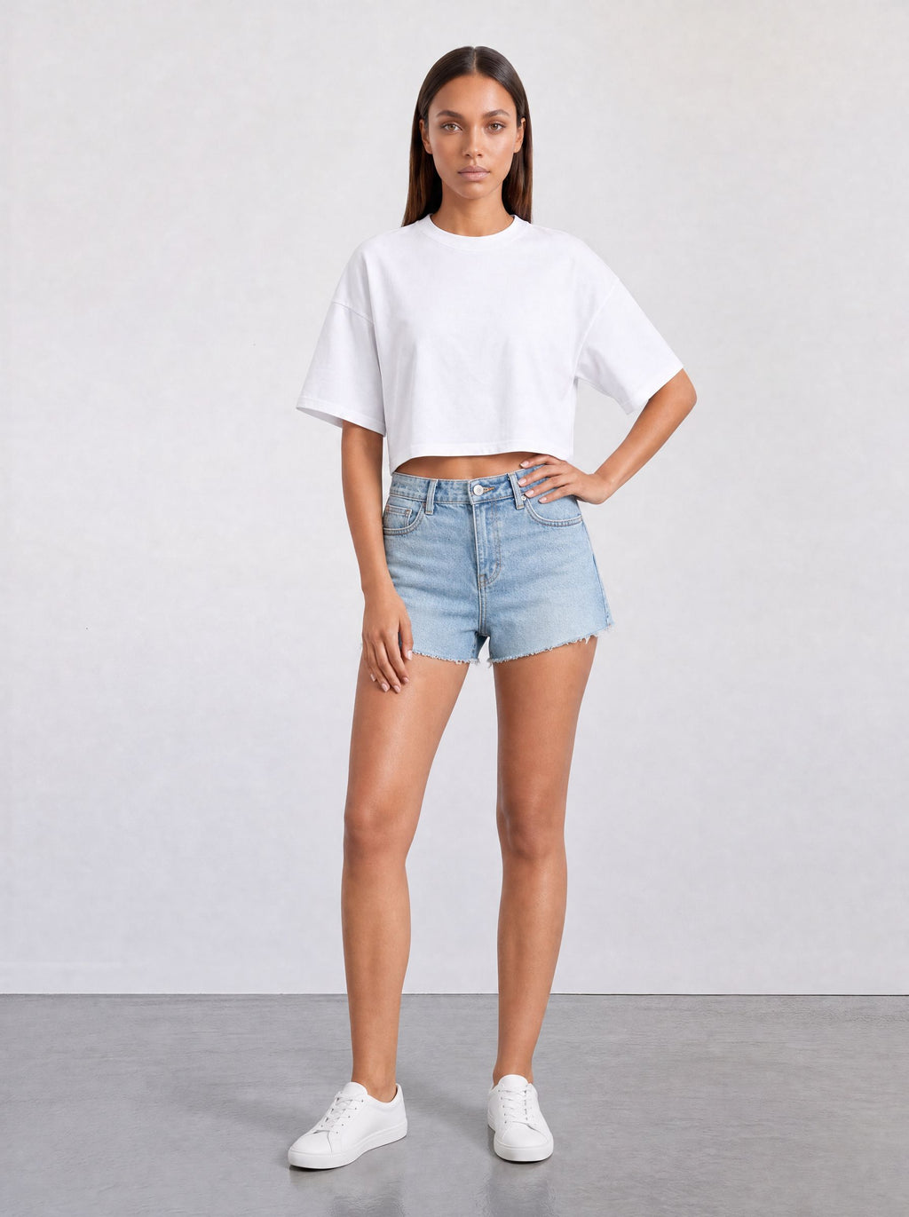 Foundation Cropped Oversized Tee in white, front view from a second angle